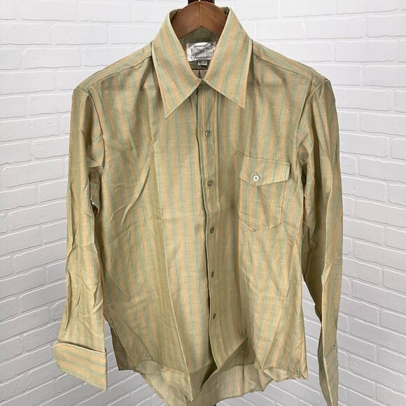 Unbranded Shirt Mens 16.5-33 Green Orange‎ Stripe Sanforized Permanent Press 70s - Picture 2 of 6